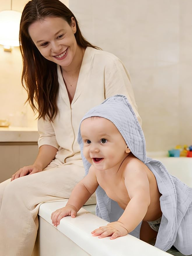 Muslin Hooded Baby Bath Towels - 3 Pack 100% Cotton Ultra-Soft Towels for Newborns, Infants, Toddlers - 32x32 Inch - Highly Absorbent, Quick-Dry Essentials for Bath, Beach, Pool, Grey Blue Series