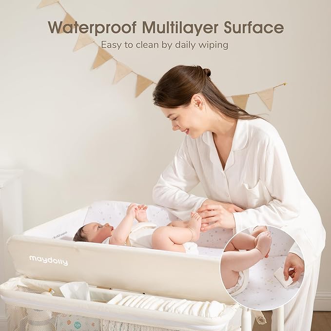 Maydolly Baby Changing Table, Portable Foldable Changing Table, Waterproof Diaper Changing Station, Adjustable Height Changing Station, Mobile Nursery for Newborn and Infant (Beige Without Drawer)