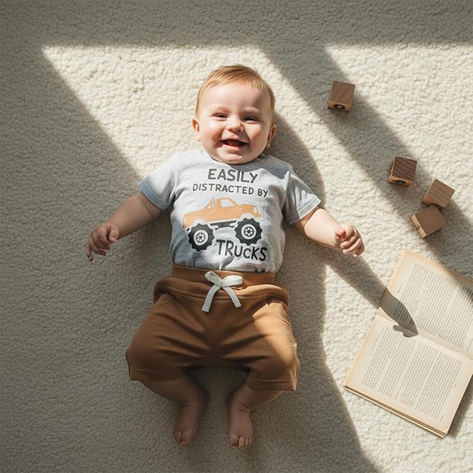 Toddler Baby Boy Clothes Summer Short Sleeve Trucks Tractors Print T-Shirt Tops Solid Color Shorts Set Casual Outfit