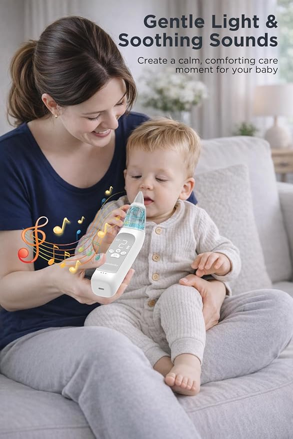 Koalababy Electric Nasal Aspirator for Baby, Large Flow, Baby Nose Sucker with 3 Suction Levels, Rechargeable Nose Cleaner for Toddlers, Music and Light Soothing, Soft Silicone Tips
