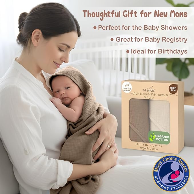 100% Organic Cotton Muslin Baby Hooded Towels 32x32 Inch – 2 Pack Soft & Absorbent Hooded Baby Towels For Boys & Girls, Premium Hooded Towels, Ultra-Gentle Baby Essentials in Deep Olive/Ivory