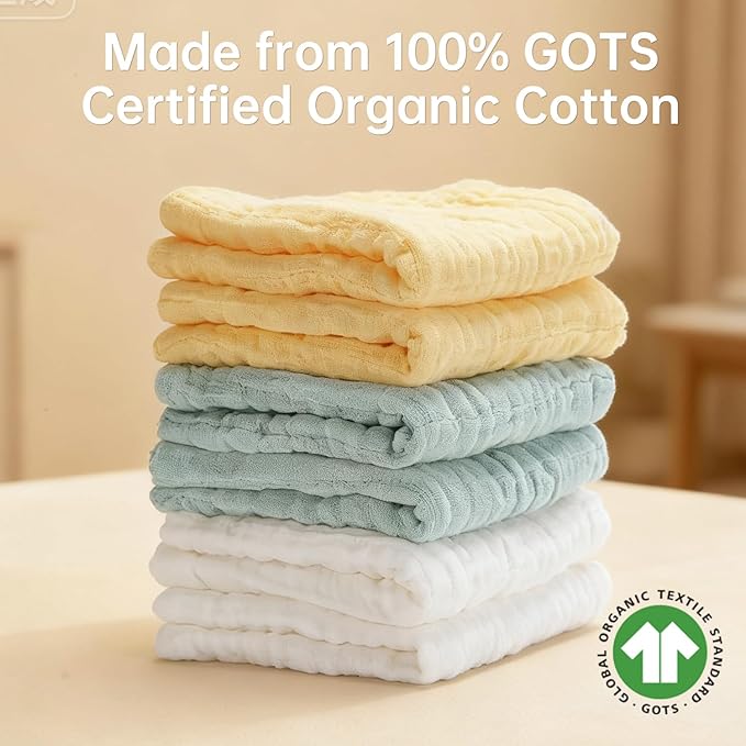 Organic Muslin Baby Washcloths 6 Pack Baby Bath Face Towel 12x12 Inch Extra Absorbent and Soft Burp Cloth and Wash Cloths for Newborn-Infants On Sensitive Skin (White Green Yellow)