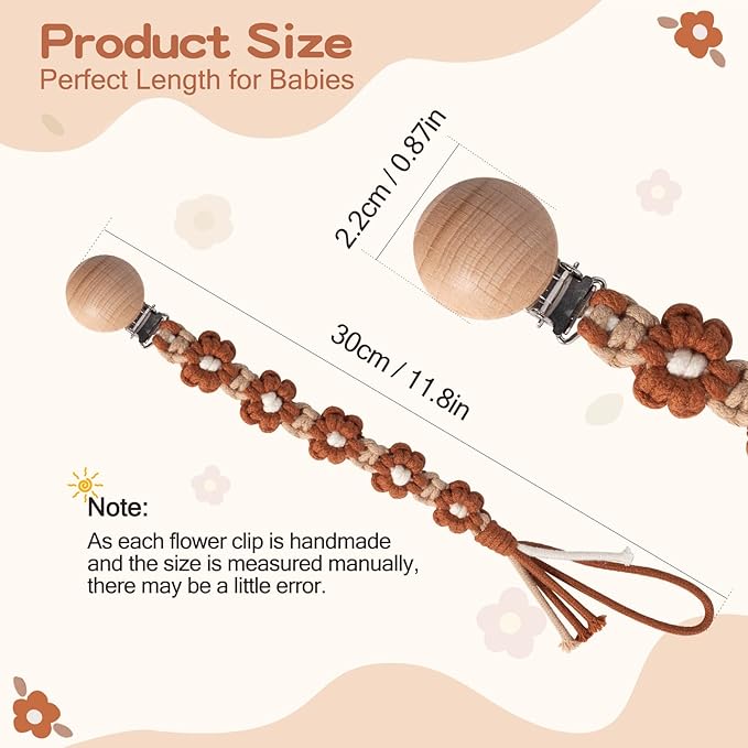 Pacifier Clip for Boys Girls Floral Daisy Macrame Paci Clip Boho Wooden Clips Handmade Braided Cotton Pacifier Holder Leash Baby Shower Birthday Gift (Caramel