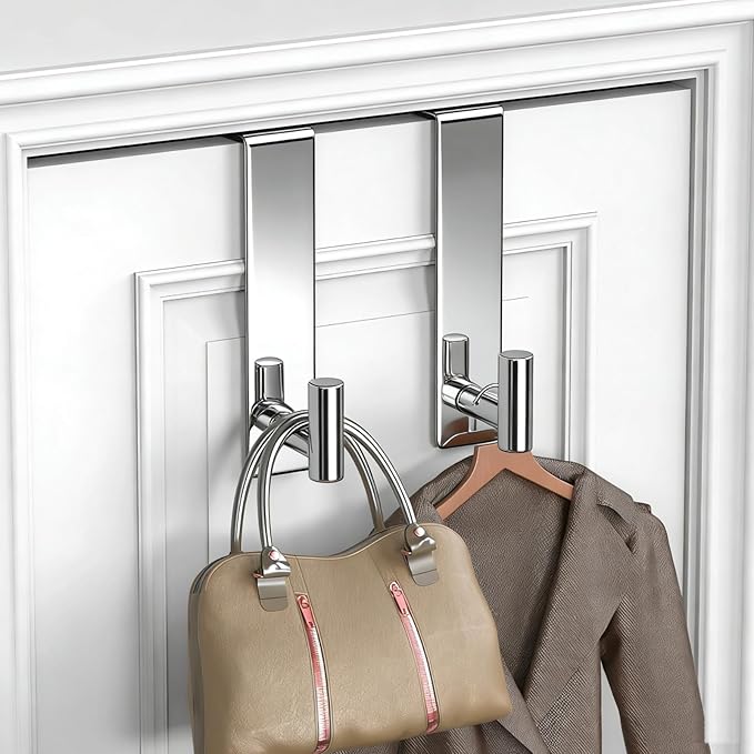 PMMASTO 2-Pack Over The Door Hooks - Rustproof Stainless Steel Door Hangers for 1-3/4 Inch Doors, Non-Marking and Tool-Free Easy Install (Polished Silver, T Shape-Fits 1-3/4" Thick Door)