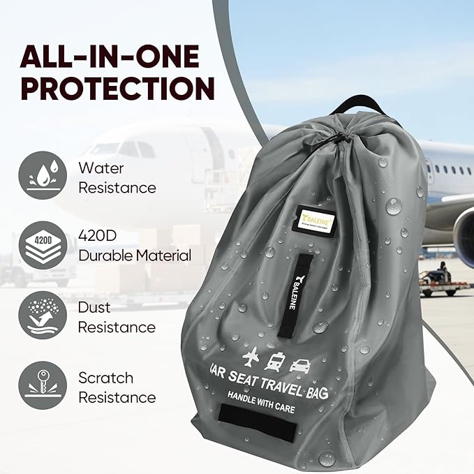 BALEINE Car Seat Travel Bag for Airplane, Water-Resistant Car Seat Bags for Air Travel, Foldable Cover with 3 Handles, Fits Toddler Carseat, Convertible and Booster Seats (Gray)