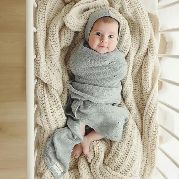 Baby Gift Set - Organic Cotton Newborn Blanket Essentials, Thoughtful Baby Shower & New Baby Gift for Boys & Girls (Pointelle - Powder Blue)