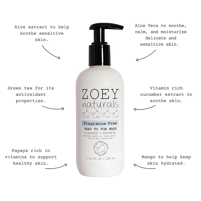 Absolutely Natural Zoey Naturals Fragrance-Free Head to Toe Baby & Toddler Wash – Tear-Free Body Wash and Shampoo with Gentle pH for Sensitive Skin – 9.65 oz