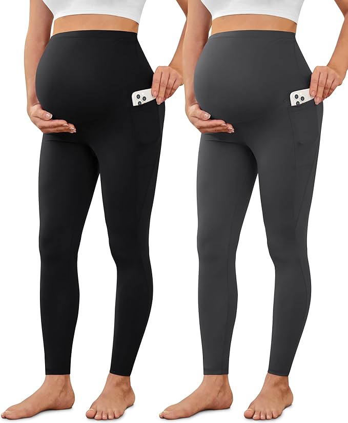 VALANDY Creamlush 2 Pack Women's Maternity Leggings with Pockets Over The Belly,Soft Comfy Active Yoga Lounge Pregnancy Pants