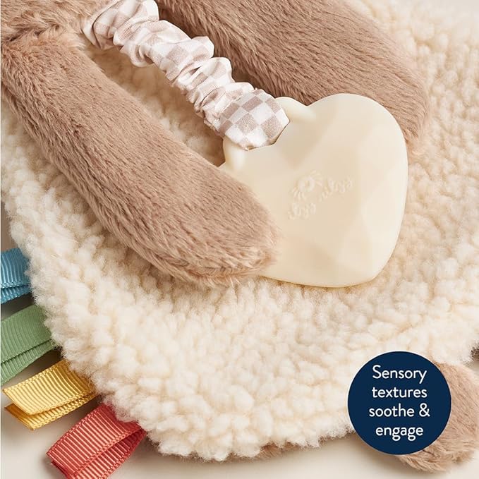 Itzy Ritzy - Itzy Lovey Including Teether - Baby Lovey with Teether, Textured Ribbons & Dangle Arms - Features Crinkle Sound, Sherpa Fabric and Minky Plush (Bear)