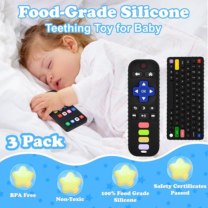 Teether Toys, Teething Relief Teethers Toys for Babies 3-6 12 Months, Play Phone Remote Control Keyboard Toy for Newborn Infant Boy Girl Autism Essentials, Food Grade Silicone Sensory Toy