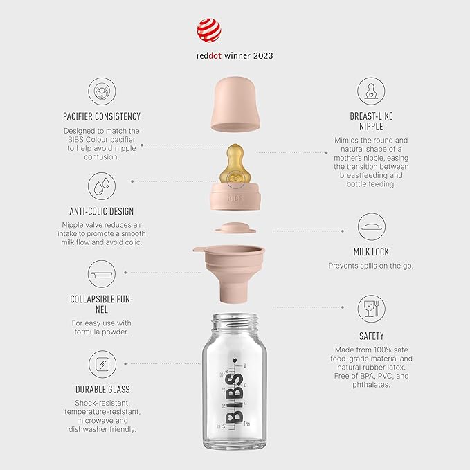 Bibs Baby Glass Bottle | Anti-Colic Borosilicate Glass Bottles | Natural Vented Round Natural Rubber Latex Nipple | Consistent Flow Rate | 3.7 oz/110 ml | 2 Pack | Blush