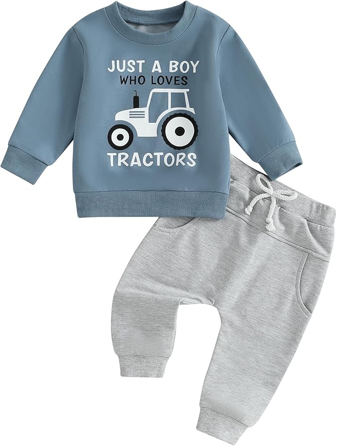 Toddler Baby Boy Fall Winter Outfits Tractor Print Long Sleeve Sweatshirt Pants Set Kids Sweatsuit Clothes