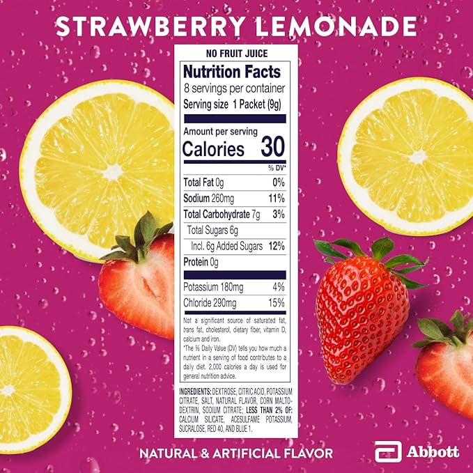 Pedialyte Electrolyte Powder, Hydration Drink for Kids & Adults, Strawberry Lemonade, 8 Powder Packets