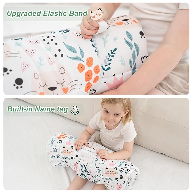 Viviland Toddler Nap Mat with Pillow and Minky Dot Blanket, Rolled Sleeping Mats/Slumber Bag, Large Thick Kids Nap Mat for Preschool, Daycare, Kindergarten, Travel Camping -Cute Cat