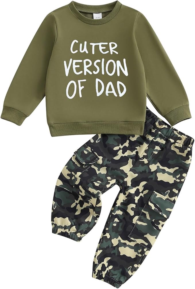 wdehow Toddler Kids Baby Boy Fall Outfits 1T 2T 3T 4T 5T Letter Print Long Sleeve Tops Camouflage Pants Winter Clothes Sets