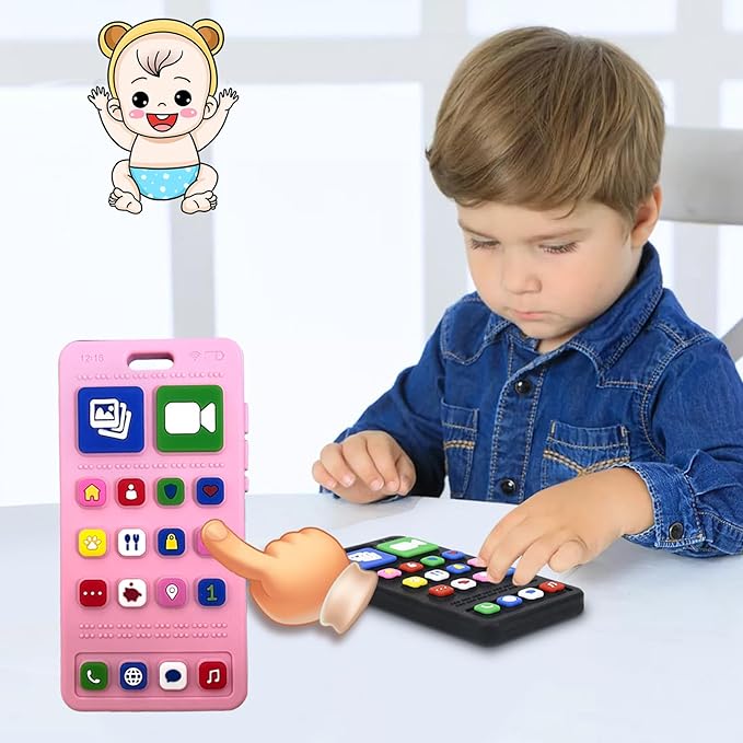 Baby Silicone Teething Toys, Phone Teether Toys for Toddlers 3-18 Months, Boys Girls Babies Teething Toy, Baby Chew Toy, Freezer BPA Free, Pink