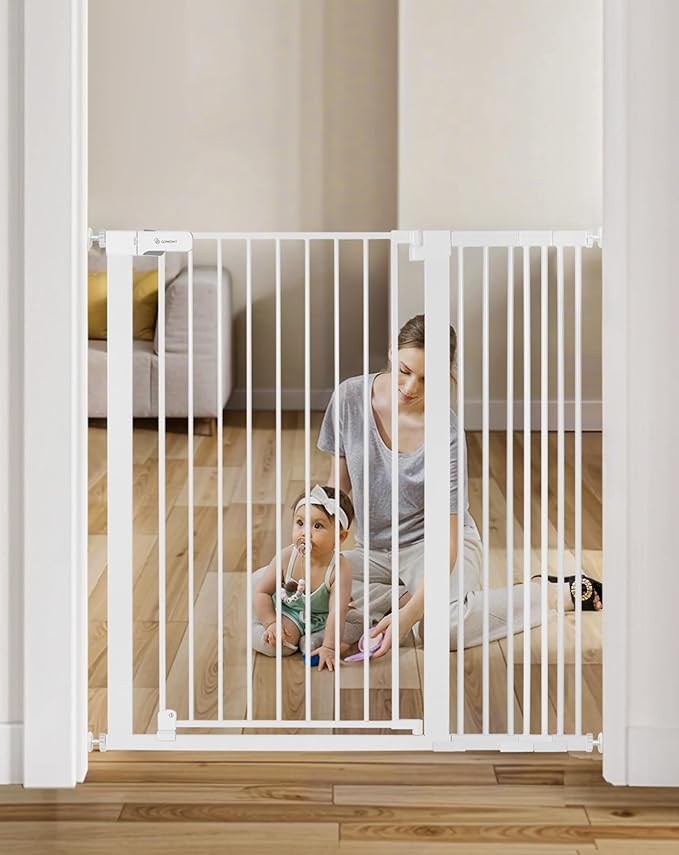 COMOMY 42" Extra Tall Baby Gate for Stairs Doorways, Fits Openings 29.5" to 43.3" Wide, Auto Close Sturdy Safety Dog Gate for House, Pressure Mounted Easy Walk Through Pet Gate with Door, White