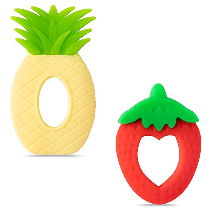 Silicone Teething Toy for Babies - 2Pcs Strawberry Grape Soft Sore Gums Pain Teether Infant Summer Fruit Themed Food Grade Teething Relief Chew Toy for Toddler Birthday Newborn 6-12 Months Baby Shower