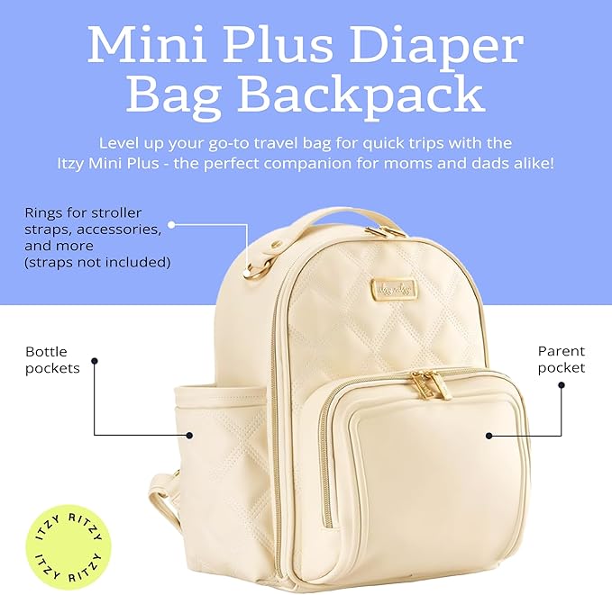 Itzy Ritzy Mini Diaper Bag Backpack – Chic, Compact Mini Plus Backpack with Changing Pad, 10 Pockets (6 Internal, 4 External), Grab-Top Handle & Rubber Feet (Milk & Honey)