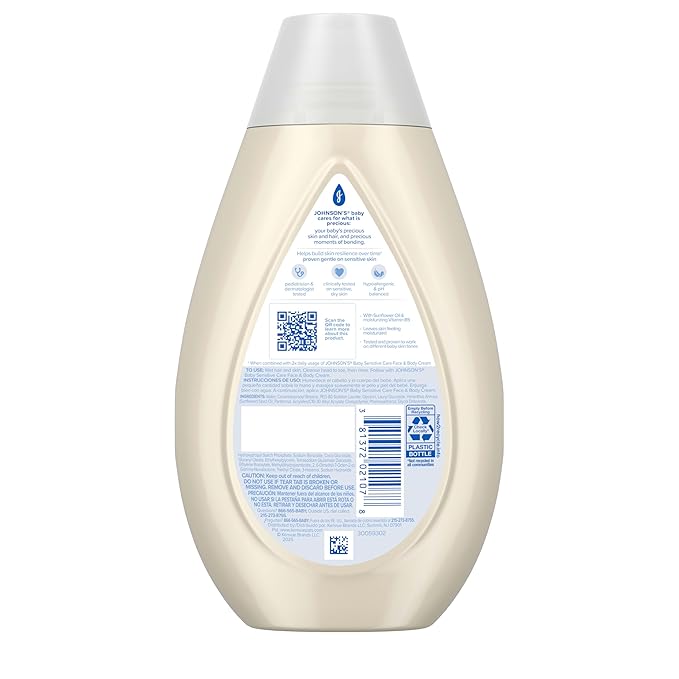 Johnson's Sensitive Care Baby Wash & Shampoo, Daily Moisturizing 2-in-1 Baby Wash & Shampoo to Gently Cleanse Without Drying Out Sensitive Skin, Light Scent, Hypoallergenic, 13.6 fl. oz