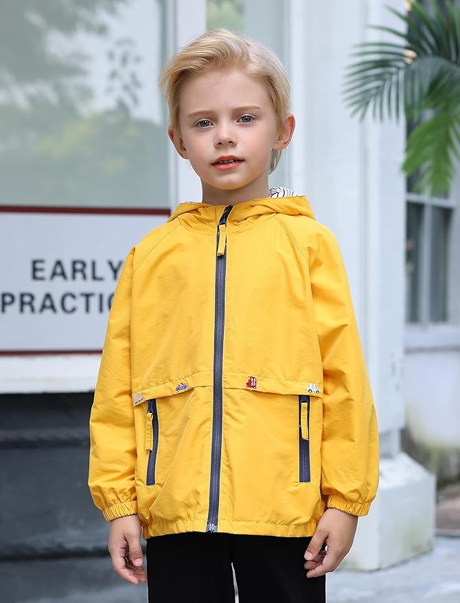 FYMNSI Kids Boys Lightweight Waterproof Hooded Jacket with Pockets Toddler Spring Fall Outfits Zip Up Thin Outwear Coats