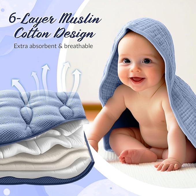 6 Pcs Muslin Hooded Bath Towels Washcloths and Bibs Set, Muslin Cotton Baby Towels Absorbent Hooded Blanket Towel Infant Bibs for Boys Girls Newborn Infant Essential(Dark Blue, Light Blue)