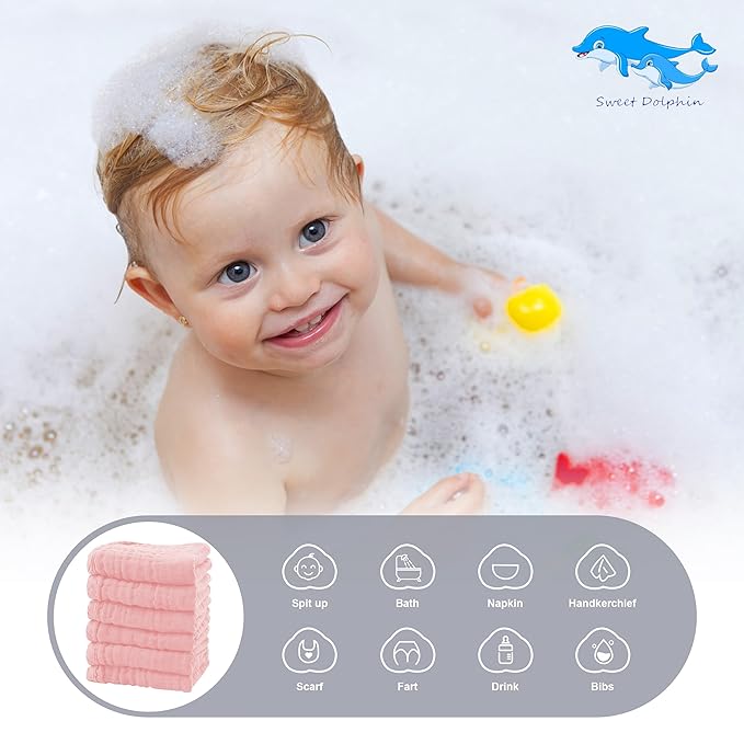 SWEET DOLPHIN 12 Pack Baby Muslin Washcloths - Soft Face Cloths for Newborn, Absorbent Bath Wash Cloths, Wipes, Burp Rag - Toddlers Essentials Stuff, Baby Registry as Shower -10"x10", Pink