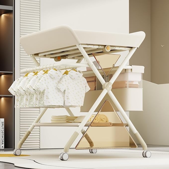 Changing Table, Portable Baby Changing Table with Wheels, Upgraded Foldable Diaper Changing Station with 5-Level Adjustable Height & Large Nursery Organizer Storage for Newborn Infant (Beige)