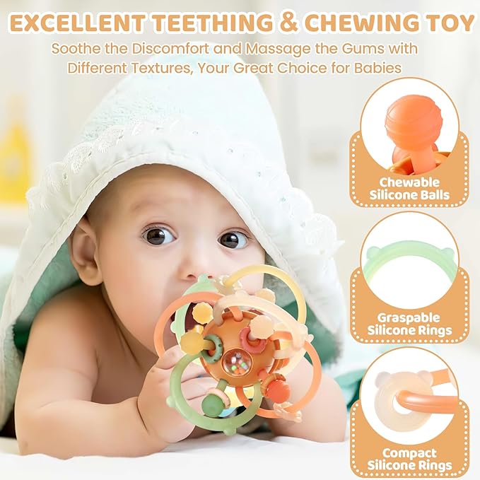 Baby Sensory Teething Toys, Baby Montessori Teether Toys for 0 3 6 9 12 18 Months, Silicone Tummy Time Toy with Rattle Ball for Newborn Infant, Learning Delopmental Gift for Boys Girls, Brown