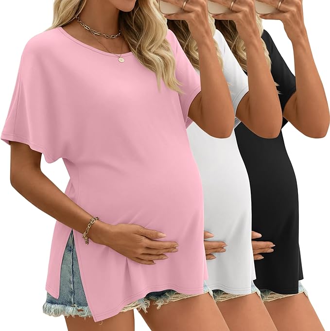 Riyiper 3 Pack Women's Maternity Tunic Shirts Cotton Summer Pregnancy Clothes Loose Oversized Split Side Blouse Tops