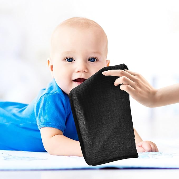 YETTASBIN Solid Black Muslin Baby Hand Washcloths, Soft Cotton Bath Face Towel, 4 Layers Extra Absorbent Feeding Burp Cloth for Newborn Infant Sensitive Skin, 5 Pack