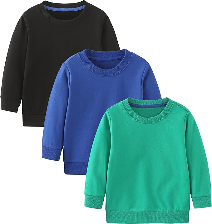 GFQLONG Toddler Boys 2 Pack Cotton Crewneck Sweatshirt, Baby Solid Long Sleeve Pullover Tops