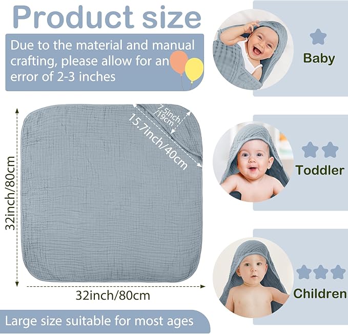 Peryiter 4 Pcs Muslin Hooded Baby Towels 32x32inch Cotton Newborn Bath Essentials Muslin Infant Blankets Absorbent Registry Baby Shower Present for Babies Girl Boy Kids (Green,Gray,Rust,Blue)