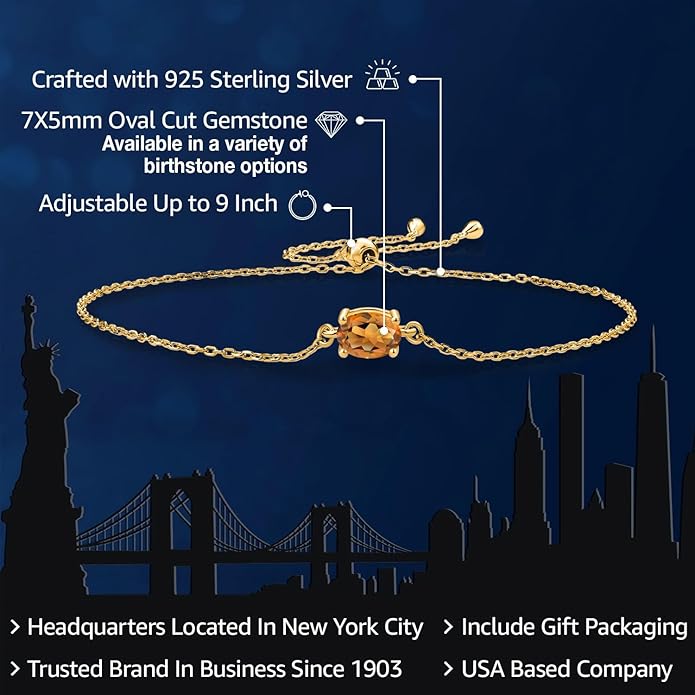 Gem Stone King 7X5MM Oval Gemstone Birthstone Solitaire Bracelet For Women | 925 Sterling Silver | Adjustable Bolo Bracelet For Women | Fine Jewelry Gifts for Her Mom Wife