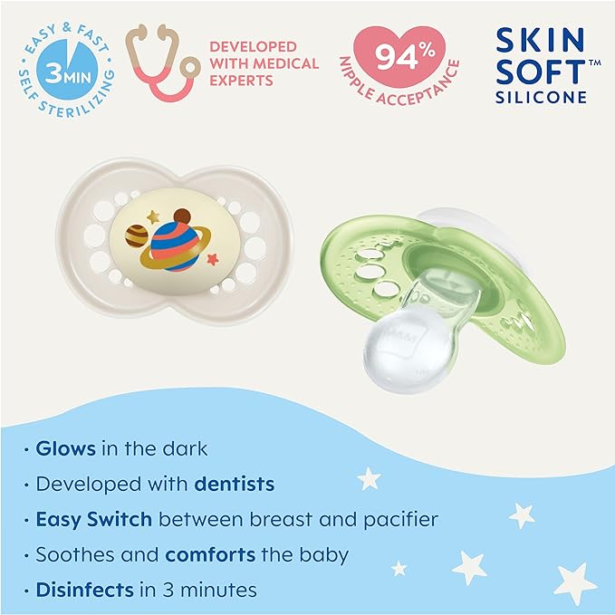 MAM Original Baby Pacifiers 6-16 Months, Binky for Newborn Babies, BPA-Free Skin Soft Silicone Nipple, Glows in The Dark, Developed with Medical Experts, 2 Count, Sterilizer Case, Made in Europe