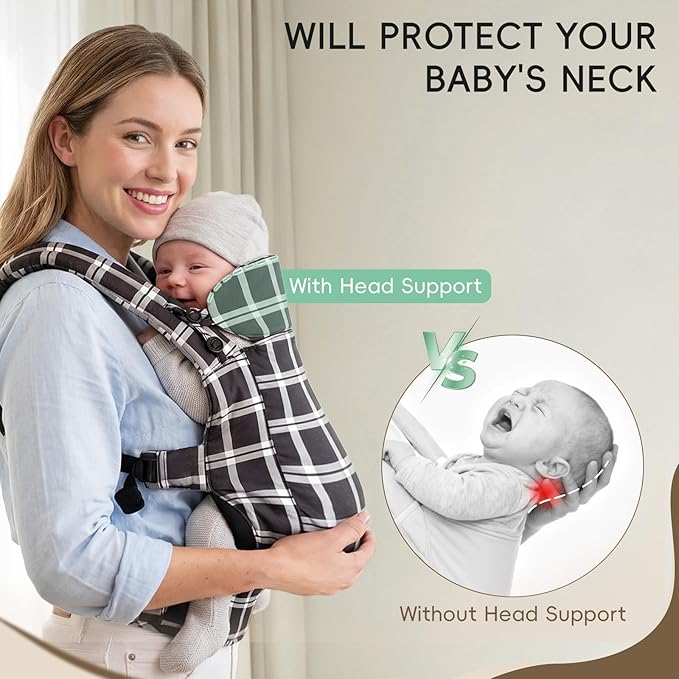 FRUITEAM Baby Carrier, Toddler Carrier with Adjustable Seat Size & Lumbar Support, Ergonomic Baby Carrier Newborn (7-25 Lbs), Easy to Wear, Travel and Hiking Friendly (Black White Check)