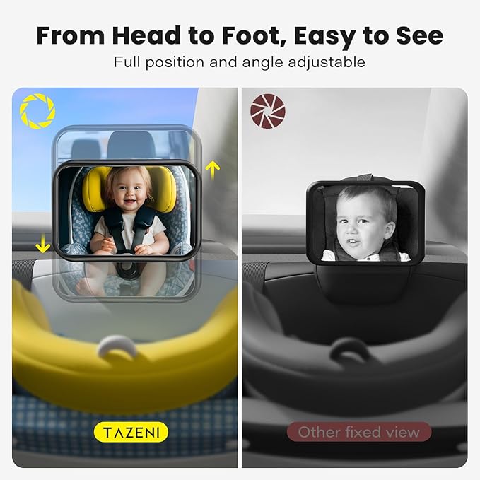 Fixed Headrest Car Mirror for Baby Rear Facing Fit Tesla and Other Models Shatterproof Baby Mirror for Car Back Seat 360° Wide Clear View Crash Tested Stable Velcro Strap Newborn Baby Essentials