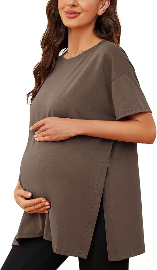 Ecavus Women's Casual Maternity Shirts Split Side Pregnancy Tops Blouses Short Sleeve Loose Fit Maternity Clothes