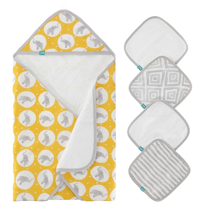 Featherhead™ 5-Piece 100% Cotton Muslin Hooded Bath Towel & Washcloths Unisex Set for Baby Boy & Girl - Ultra Soft and Extra Absorbent - Newborn Essential & Perfect Baby Registry Gift (Grey Elephant)