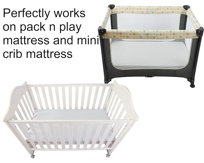 Onacosht Pack n Play Sheets 2 Pack Stretchy Jersey Knit Playard Fitted Sheets Portable Mini Crib Sheets Set, Convertible Playard Mattress Cover, White and Grey, Stripes and Dots