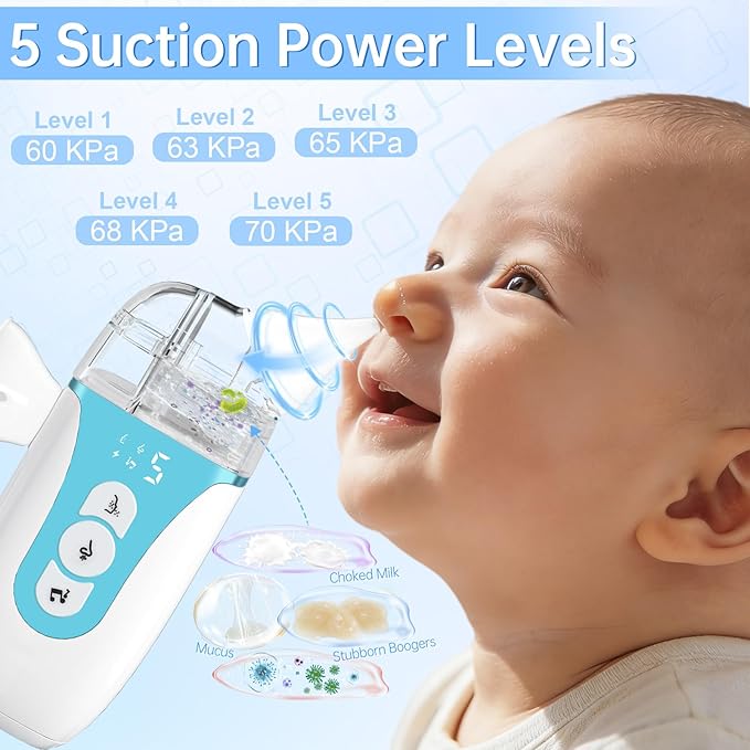 Nasal Aspirator for Baby, 2026 Upgraded Nose Cleaner with Powerful Suction, 2-in-1 Electric Nose Sucker with Large-Capacity Collector and AI Pause Function,Baby Nose Aspirator with Music-Blue