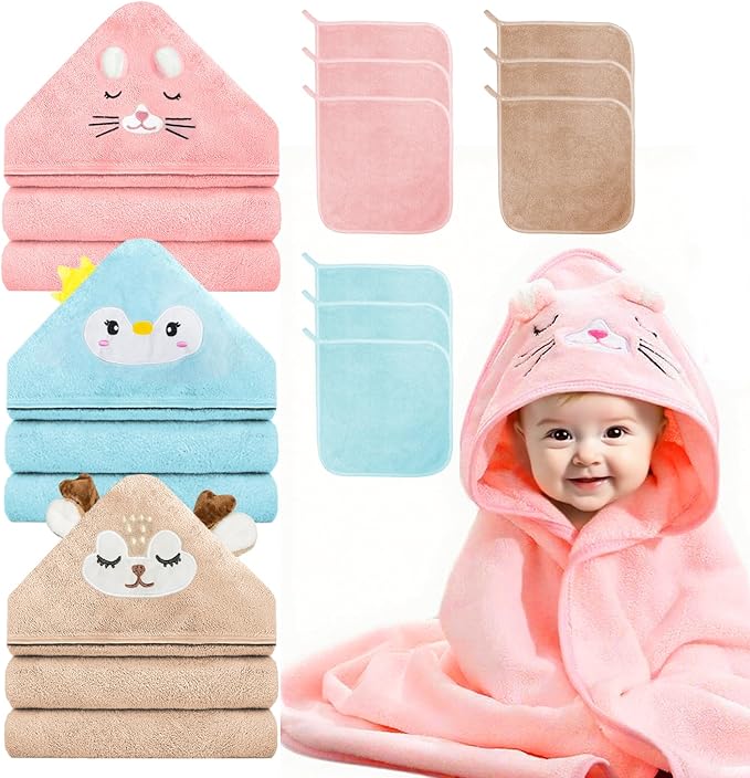 12 PCS Hooded Baby Towel Set, 32x32 Inch Absorbent Baby Bath Towels, 3 PCS Soft Hooded Towels & 9 PCS Washcloths, Ideal for Newborns, Toddlers, and Babies – Baby Bath Essentials (Pink + Brown + Blue)