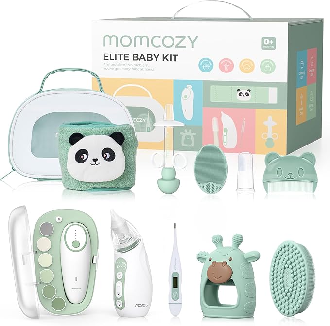 Momcozy Elite Baby Kit, Superior Baby Shower & Registry Essential Kit for Grooming & Health & Cleansing Care, Electric Nail File & Nasal Aspirator,Tummy Wrap,Thermometer,Bath Brush,Teether,Storage Bag