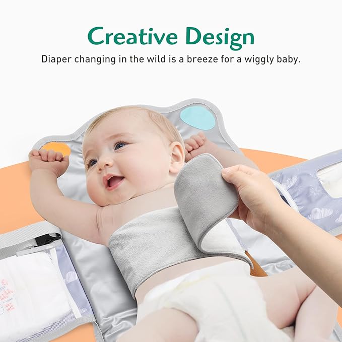 Anti Roll Diaper Changing Pad Mat with Swaddle Strap 3-in-1 Portable Waterproof Foldable Travel Station Built-in Pillow, Wipes Holder, Storage Pockets, Shower Gift for Newborns Girls,Boys