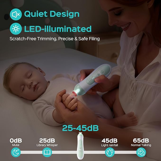COSLUS C52 Rechargeable Baby Nail File: Cordless Baby Nail Trimmer Electric with 5 Speeds & 6 Grinding Heads for Baby Kid, CPC Certified and Quiet Design - Safe for Sleep Trim Buffer, Green