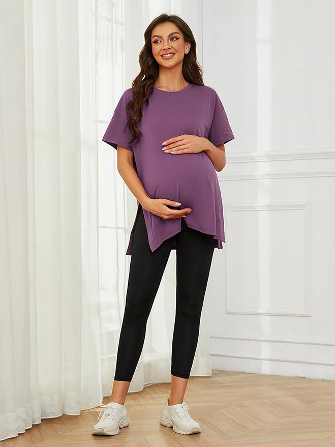 Ecavus Women's Casual Maternity Shirts Split Side Pregnancy Tops Blouses Short Sleeve Loose Fit Maternity Clothes