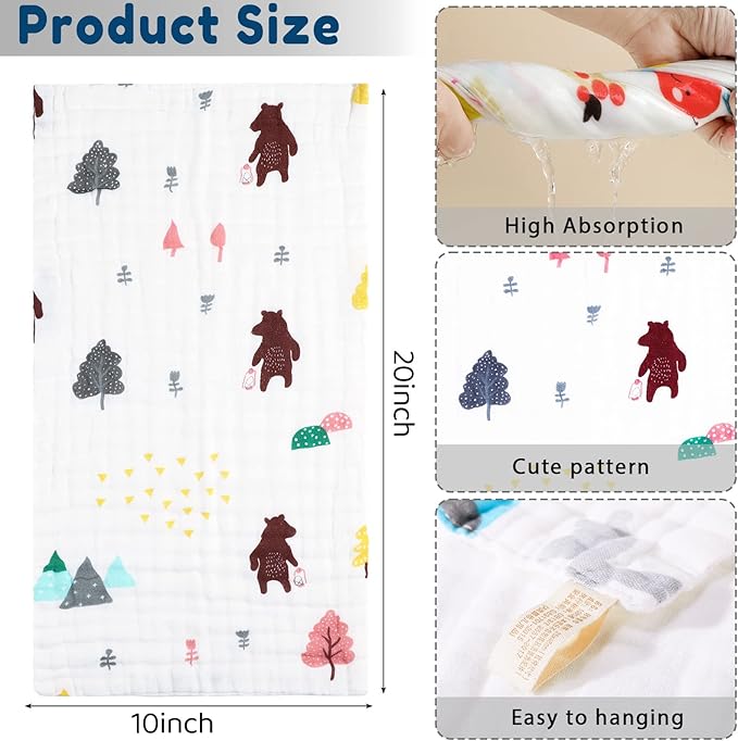 Chumia 20 Pack Muslin Baby Burp Cloths Large 20 x 10 Inches Cotton Baby Burp Rags Towel and Washcloths Face Towels 6 Layers Super Absorbent for Infant Shower,20 Styles
