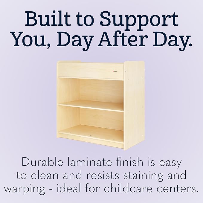 Foundations SafeStart Daycare Changing Table, Durable Wood Construction, Built-in Shelving for Ample Storage, Adjustable Safety Strap, Includes Foam Mattress Pad, Natural