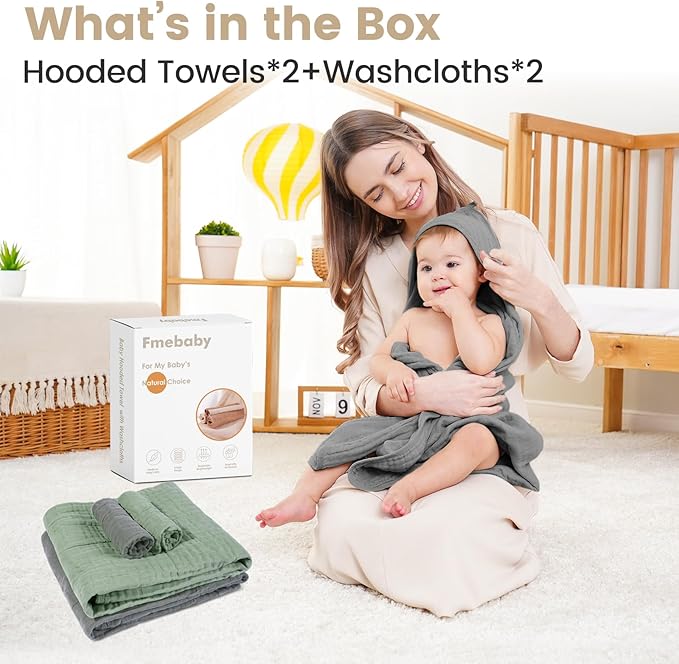 Hooded Baby Towels for Newborn, 2 Pack 36x36Inch Muslin Cotton Baby Bath Towel and 2 Pack 12x12Inch Washcloth Set with Hood for Babies, Toddler and Kids, Essentials Must Haves(Grey and Coffee)
