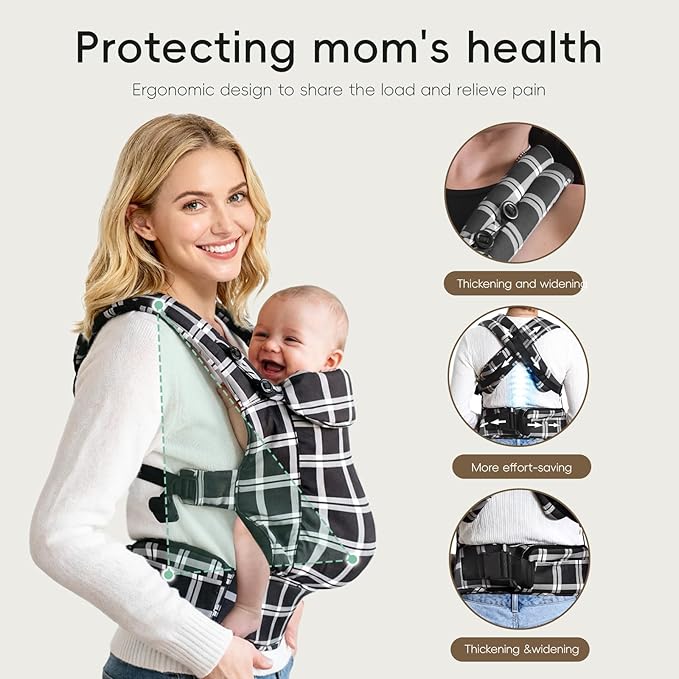 FRUITEAM Baby Carrier, Toddler Carrier with Adjustable Seat Size & Lumbar Support, Ergonomic Baby Carrier Newborn (7-25 Lbs), Easy to Wear, Travel and Hiking Friendly (Black White Check)